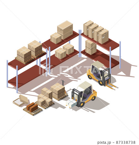 Isometric interior of warehouse with forklift 87338738