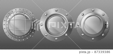 Metal portholes in ship, submarine or spaceship 87339386