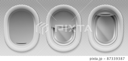Airplane portholes with open and closed shade 87339387