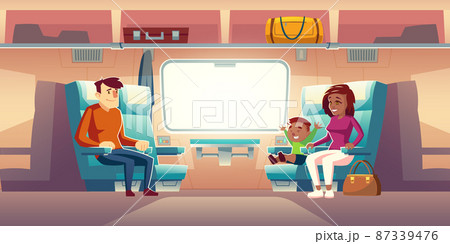 People in train, passengers travel by railway car 87339476