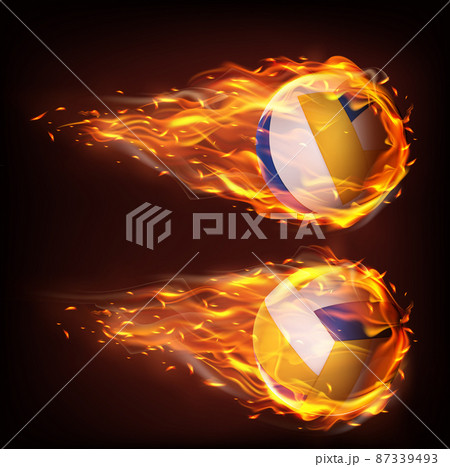 Volleyball balls flying in fire, falling in flame 87339493