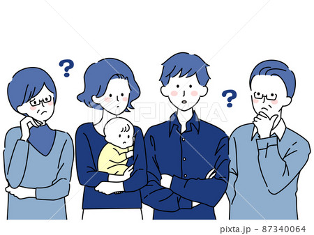 三世代で集まり考え事をする人々 三世代で集まり考え事をする人々 87340064