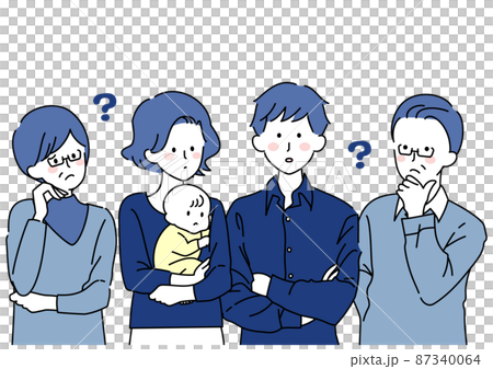 三世代で集まり考え事をする人々 三世代で集まり考え事をする人々 87340064