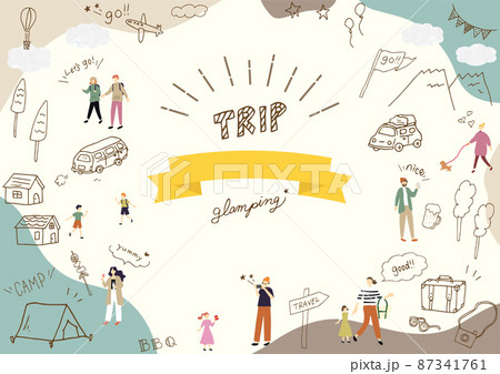 アウトドア　キャンプの人物と手描きアイコンセット 87341761