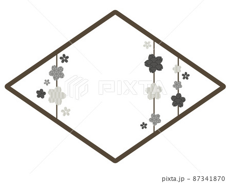 モノクロの和柄の桜とひし形のフレームのイラスト素材