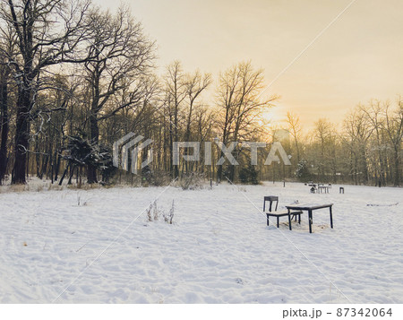 Winter sunset in snow covered park. Season and cold weather concept 87342064