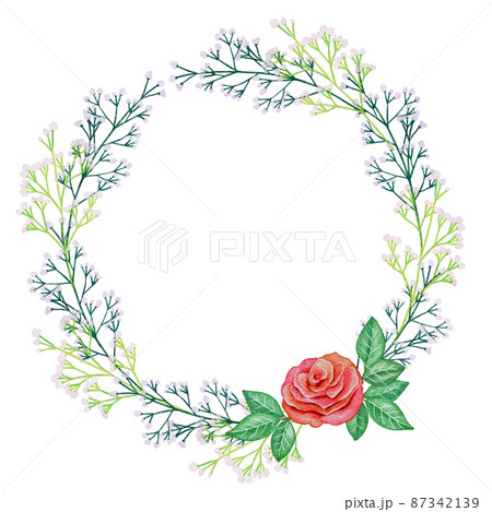 赤系 水彩の薔薇とかすみ草のリース・フレームセット ラスター素材の
