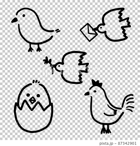 手描きの鳥のイラスト　モノクロ 87342901