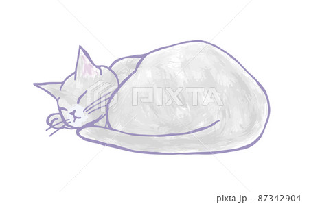 手描きの 丸くなって眠っている ロシアンブルーの猫のイラストのイラスト素材