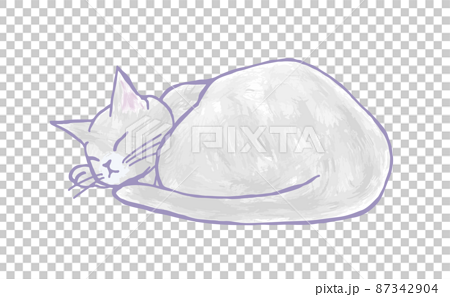 手描きの 丸くなって眠っている ロシアンブルーの猫のイラストのイラスト素材