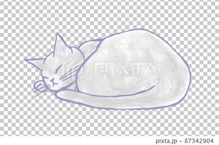 手描きの 丸くなって眠っている ロシアンブルーの猫のイラストのイラスト素材