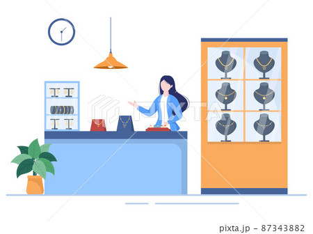 Jewelry Shop Provides Necklaces, Earrings and Bracelets from Gems in Flat Style illustration for Poster Background 87343882