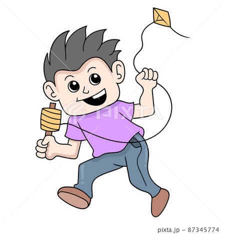 boy is on holiday flying a kite, doodle icon image kawaii 87345774