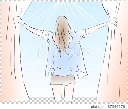 A woman who wakes up in the morning and opens the curtain 87346276