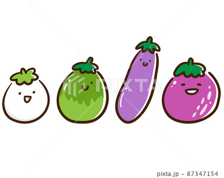 色々な種類のナスのキャラクターのかわいい手書き風イラストセット 87347154