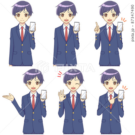 スマホの画面を見せるブレザーの男の子セットのイラスト素材
