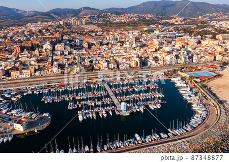 View from drone of El Masnou town, Spain 87348877
