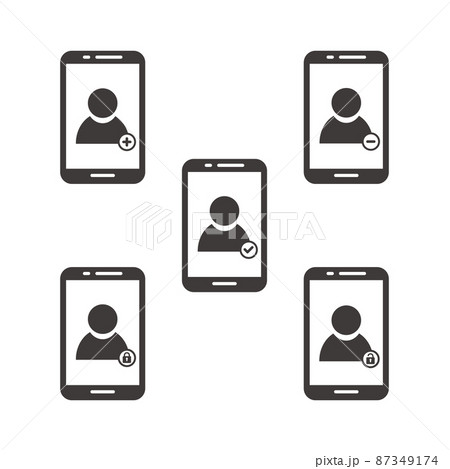 バリエーションのあるシンプルなスマホと人物のビジネスアイコンセット バリエーションのあるシンプルなスマホと人物のビジネスアイコンセット 87349174