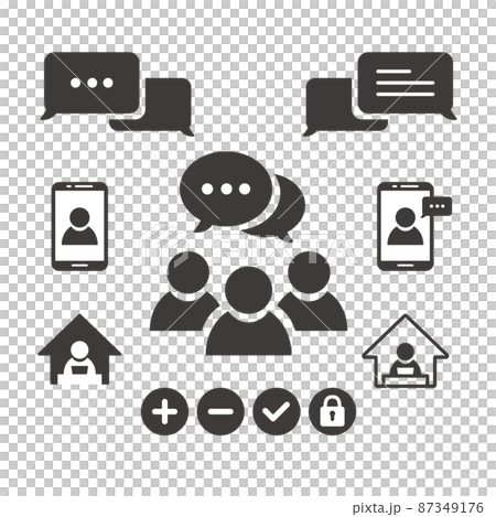 Simple icon set for remote work such as people and speech bubbles Simple icon set for remote work such as people and speech bubbles 87349176