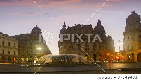 Image of night light of The Ferrari Square which is main city square in Genoa in Italy 87349483
