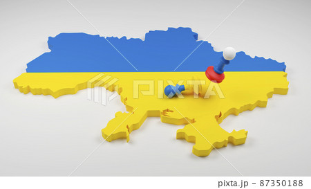 Ukraine and Russia flags paint over on chess pawns. 3D illustration Ukraine vs Russia crisis. 87350188