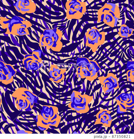 Seamless pattern made of roses buds with zebra stripes skin background. Cut out paper collage style. Mixed print. Summer botanical background. Nature motif for textile and fabric texture. 87350821