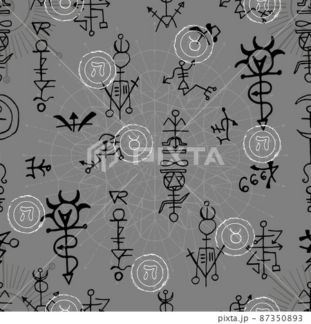 Celestial seamless pattern with fantasy mystic symbols and signs of sun and moon. Hand drawn vector illustrations with esoteric, occult and gothic concept 87350893
