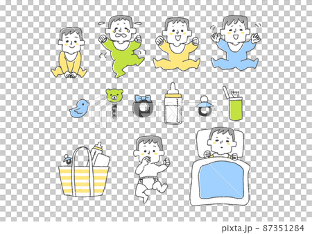 一套嬰兒和育兒用品,一個滑稽的手寫人物,一個矢量,以及簡單的線條圖著色。 一套嬰兒和育兒用品,一個滑稽的手寫人物,一個矢量,以及簡單的線條圖著色。 87351284