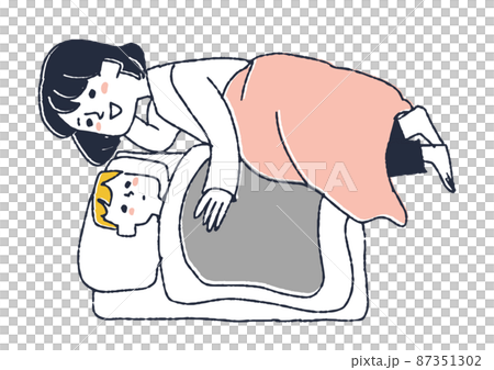 A mama who puts a child to sleep, a comical handwritten person, a vector, and simple coloring of line drawings. 87351302