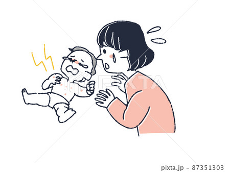 湿疹が痒くてないている赤ちゃんと慌てているママ コミカルな手書きの人物 ベクター、線画にシンプルな色 湿疹が痒くてないている赤ちゃんと慌てているママ コミカルな手書きの人物 ベクター、線画にシンプルな色 87351303