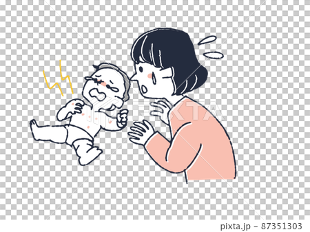 Baby without itching and mom in a hurry Comical handwritten person Vector, simple color on line drawing 87351303