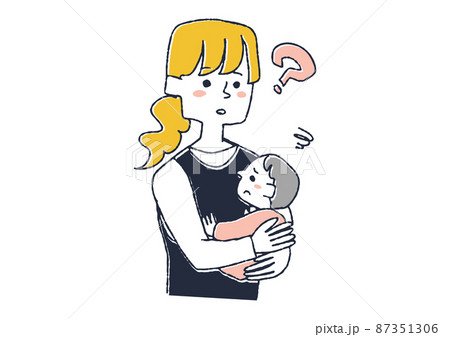 赤ちゃんの要求がわからないママ コミカルな手書きの人物 ベクター 線画にシンプルな色つけ のイラスト素材