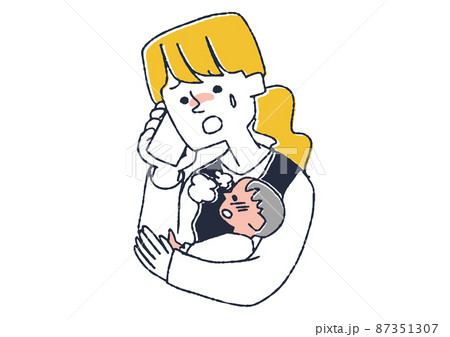 熱を出した赤ちゃんを抱っこして病院に電話をかけるママ コミカルな手書きの人物 ベクター のイラスト素材