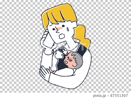 熱を出した赤ちゃんを抱っこして病院に電話をかけるママ コミカルな手書きの人物 ベクター のイラスト素材