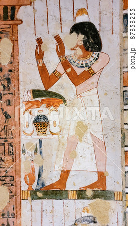 Luxor, Egypt: Corridor with ancient Egyptian inscriptions and hieroglyphs in a tomb. Luxor, Egypt: Corridor with ancient Egyptian inscriptions and hieroglyphs in a tomb. 87353255