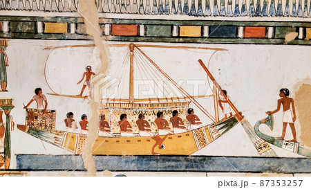 Luxor, Egypt: Corridor with ancient Egyptian inscriptions and hieroglyphs in a tomb. 87353257