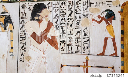 Luxor, Egypt: Corridor with ancient Egyptian inscriptions and hieroglyphs in a tomb. Luxor, Egypt: Corridor with ancient Egyptian inscriptions and hieroglyphs in a tomb. 87353265