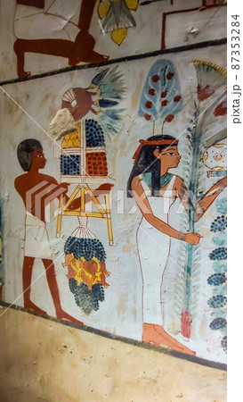 Luxor, Egypt: Corridor with ancient Egyptian inscriptions and hieroglyphs in a tomb. 87353284