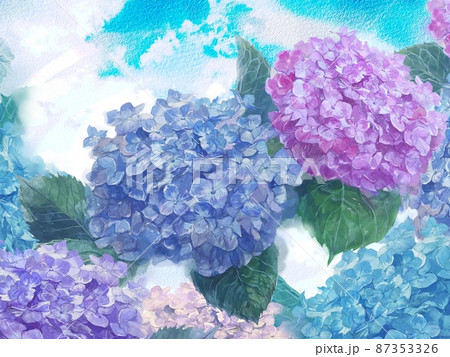 水彩画淡い色の紫陽花たちの手描きイラストのイラスト素材