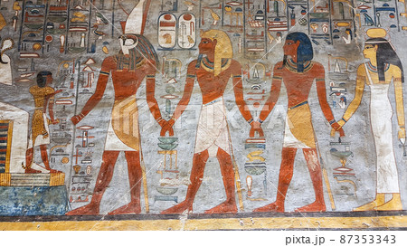 Luxor, Egypt: Corridor with ancient Egyptian inscriptions and hieroglyphs in a tomb. Luxor, Egypt: Corridor with ancient Egyptian inscriptions and hieroglyphs in a tomb. 87353343