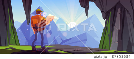 Hiker man on mountain ledge at morning Hiker man on mountain ledge at morning 87353684