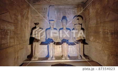 Aswan, Egypt : Great Abu Simbel temple of Pharaoh Ramses II in southern Egypt in Nubia next to Lake Nasser. 87354023