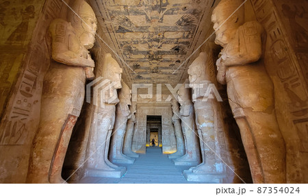 Aswan, Egypt : Great Abu Simbel temple of Pharaoh Ramses II in southern Egypt in Nubia next to Lake Nasser. 87354024
