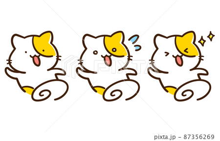 ダッシュしているかわいいねこのキャラクターの手書き風イラストセット