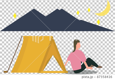 一個女人坐在帳篷旁邊，看著夜空在戶外露營的插圖 87358416