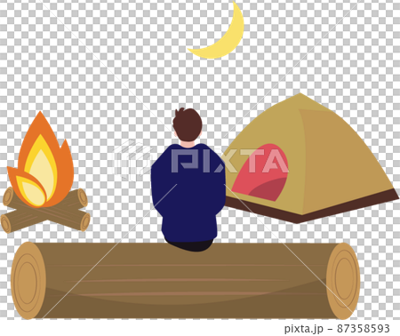 一個男人露營/戶外插圖，在帳篷和篝火旁看著月亮 87358593