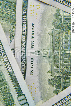 Flat lay Closeup on the bills for a US hundred dollar banknote Flat lay Closeup on the bills for a US hundred dollar banknote 87359765