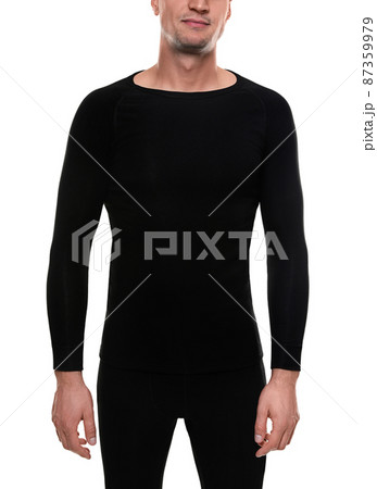 Man wearing thermal underwear isolated on white, closeup 87359979
