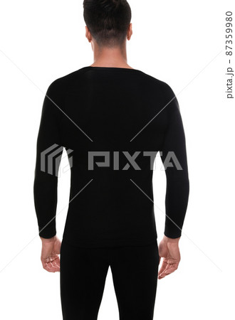 Man wearing thermal underwear isolated on white, back view Man wearing thermal underwear isolated on white, back view 87359980