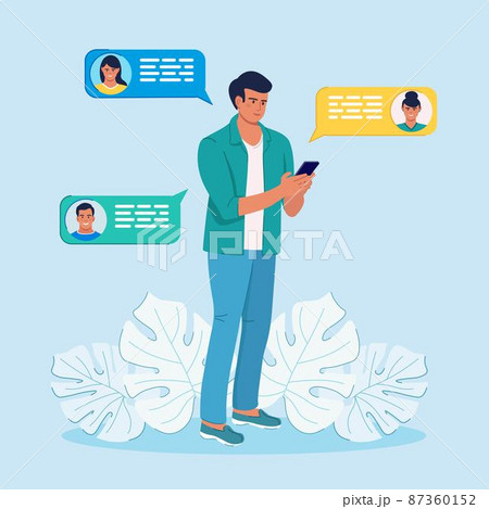 Man chatting by mobile phone. New chat messages notification on telephone, sms bubbles. Person standing and using cell phone. Vector flat design Man chatting by mobile phone. New chat messages notification on telephone, sms bubbles. Person standing and using cell phone. Vector flat design 87360152